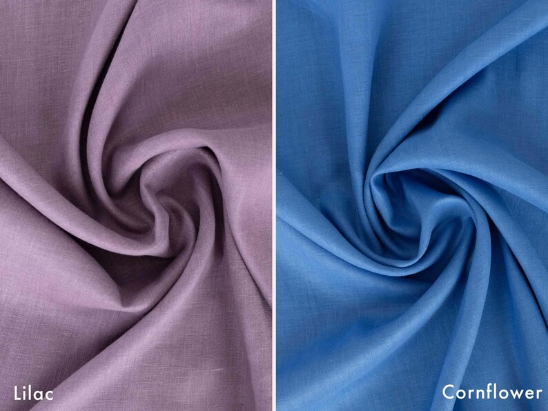 May include: Two fabric swatches, one lilac and one cornflower blue, are displayed. The lilac fabric is on the left, with the word "Lilac" at the bottom. The cornflower blue fabric is on the right, with the word "Cornflower" at the bottom.
