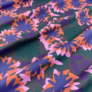 Lightweight Viscose Fabric in Waterlily Night by Atelier Brunette | Designed in France | Dark abstract floral in purple, blue, pink, sienna