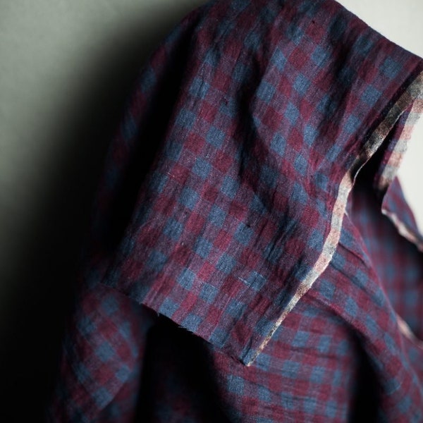 Laundered Linen Fabric in Winter Hymn Check | 100% Linen from the EU, gingham fabric in magenta and blue