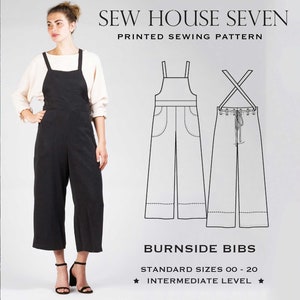 Burnside Bibs Sewing Pattern | Sizes 00-20 | Sew House Seven | Versatile overalls with crossed straps, wide legs, and unique belt