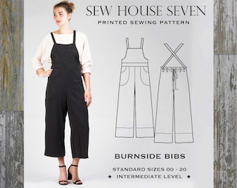 Burnside Bibs Sewing Pattern | Sizes 00-20 | Sew House Seven | Versatile overalls with crossed straps, wide legs, and unique belt