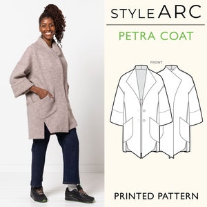 Petra Coat Sewing Pattern by Style Arc, US Sizes 0-18, Modern long coat with statement hem, revere collar, and patch pockets