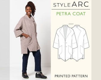 Petra Coat Sewing Pattern by Style Arc, US Sizes 0-18, Modern long coat with statement hem, revere collar, and patch pockets