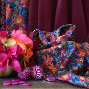 Floral Viscose Rayon Challis Fabric from France in Simone | Lightweight fashion fabric with flowers in dark fall colors
