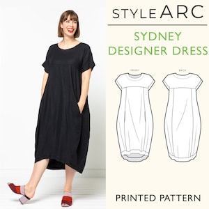 Sydney Designer Dress Sewing Pattern by Style Arc, US Sizes 0-26, Cocoon dress with short sleeves, pockets, plus sizes inc.