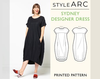 Sydney Designer Dress Sewing Pattern by Style Arc, US Sizes 0-26, Cocoon dress with short sleeves, pockets, plus sizes inc.