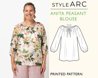 Anita Peasant Blouse Sewing Pattern by Style Arc, US Sizes 0-26, Flowing raglan sleeve poet blouse with gathered neck & cuffs, Plus Sizes