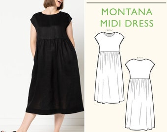 Montana Midi Dress Sewing Pattern by Style Arc, US Sizes 0-26 | Comfortable, high waisted dress with extended shoulders and pockets