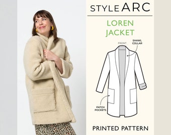 Loren Jacket Sewing Pattern by Style Arc, US Sizes 0-26, Shawl collar jacket coat with cuffs, patch pockets, button closure, plus sizes inc.