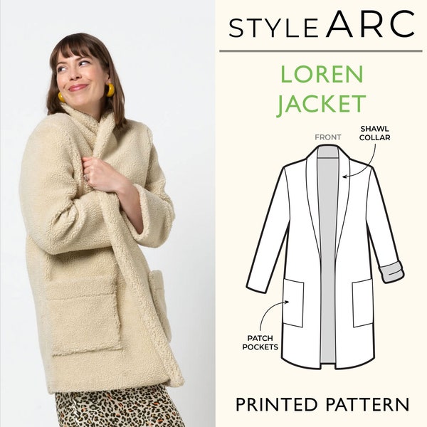 Loren Jacket Sewing Pattern by Style Arc, US Sizes 0-26, Shawl collar jacket coat with cuffs, patch pockets, button closure, plus sizes inc.