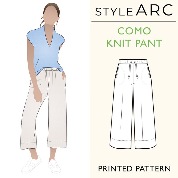 Como Knit Pants Sewing Pattern by Style Arc, US Sizes 0-26, Comfortable wide leg knit pants with elastic & drawstring waist, plus sizes inc.