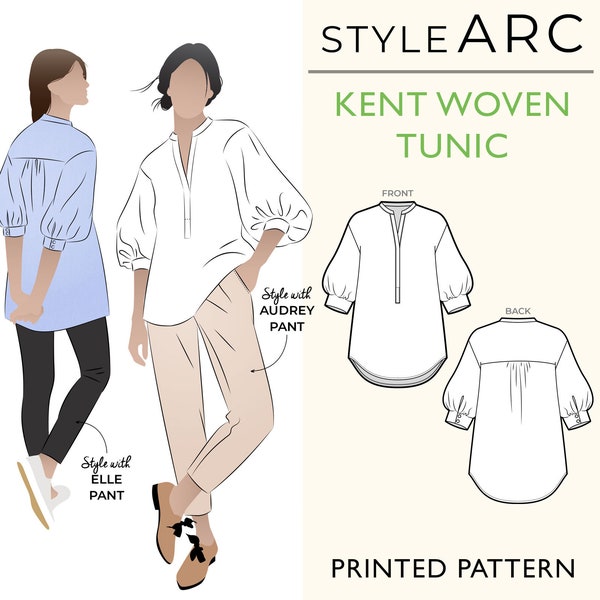 Kent Woven Tunic Sewing Pattern by Style Arc, US Sizes 0-26, Poet blouse with gathered sleeves, open neckline, & mandarin collar, plus sizes