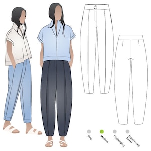 May include: Illustration of two women wearing different tops and pants. The pants have pleats and are wide-legged. The illustration shows the pants in three different colors: white, blue, and dark gray. The image also includes a difficulty level chart for sewing the pants, with the level marked as medium.