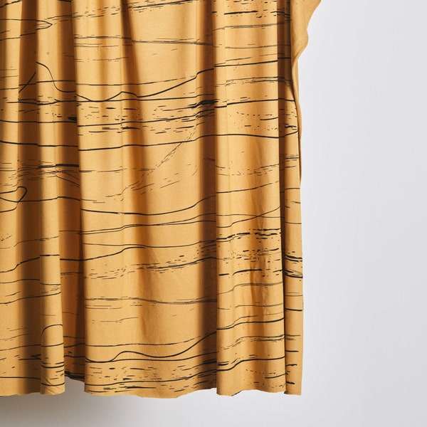 Viscose Stretch Jersey Fabric in Stray Lines Dry Mustard yellow, lightweight Ecovero rayon knit with fluid drape, from Mind the Maker