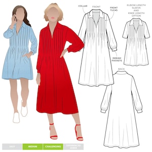 Peut inclure: Illustration d'une robe rouge à manches longues et col, et d'une robe bleu clair à manches courtes. L'image montre également un dessin au trait de la robe avec des plis devant, des poches de couture et une option de manches coude et de longueur genou.