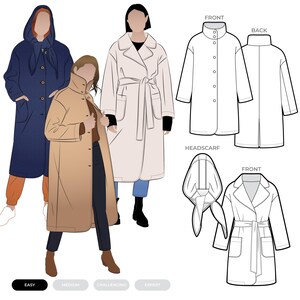 May include: A sewing pattern illustration featuring three coats in navy, tan, and cream, alongside technical line drawings of a coat with a high collar and a coat with a tie belt and headscarf. The text labels include FRONT, BACK, HEADSCARF, and EASY.