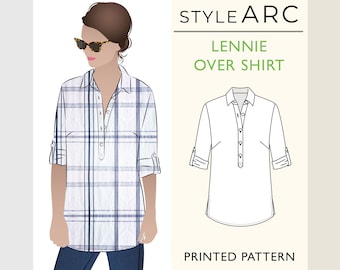 May include: A printed pattern for a shirt with a collared neckline and long sleeves. The shirt is called "Lennie Over Shirt" and is from the brand "StyleArc".
