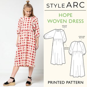 Puede incluir: Un patrón de costura para un vestido tejido llamado "Hope" con manga raglan, bolsillo de costura y cierre de botón y lazo. El patrón está impreso en papel blanco con texto negro e ilustraciones. El vestido se muestra en un estampado geométrico rojo y blanco.