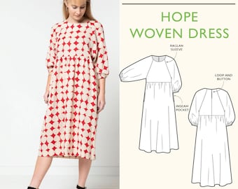 Hope Dress Sewing Pattern by Style Arc, US Sizes 0-26 | Comfortable, babydoll dress with raglan, gathered sleeves and pockets