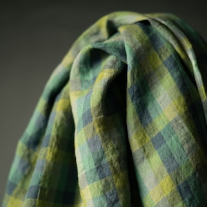 Laundered Linen Fabric in Following | Lightweight 100% linen gingham fabric, check fabric in greens & blue for clothing, home goods, crafts