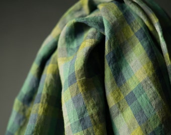 Laundered Linen Fabric in Following | Lightweight 100% linen gingham fabric, check fabric in greens & blue for clothing, home goods, crafts
