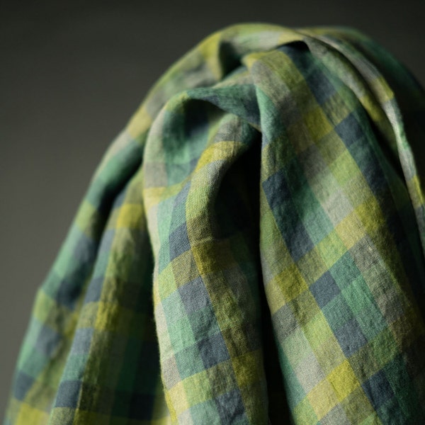Laundered Linen Fabric in Following | Lightweight 100% linen gingham fabric, check fabric in greens & blue for clothing, home goods, crafts