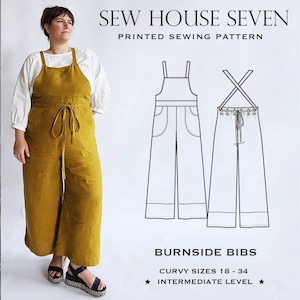 Burnside Bibs Curvy Sewing Pattern | Plus Size 18-34 | Sew House Seven | Versatile overalls with crossed straps, wide legs, and unique belt