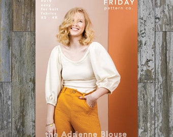 Adrienne Top Sewing Pattern by Friday Pattern Company | Sizes XS-4X | Milkmaid style knit top with scoop neck and gathered sleeves