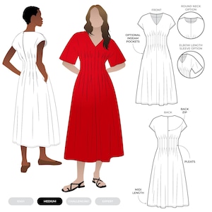 Puede incluir: Un vestido midi rojo con cuello en V y mangas cortas, mostrado en una modelo. El vestido presenta pliegues y bolsillos de costura opcionales. Los diagramas muestran opciones de cuello redondo y manga corta. Dificultad media.