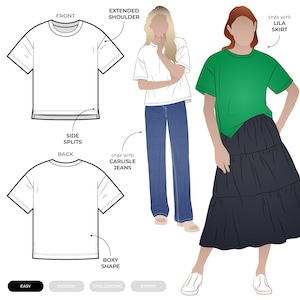 Puede incluir: Ilustración de moda con una camiseta blanca con hombros extendidos, aberturas laterales y forma cuadrada. La imagen también muestra una camiseta verde combinada con una falda negra escalonada y una camiseta blanca con vaqueros azules. El texto incluye "FRONT", "BACK", "EASY", "MEDIUM", "CHALLENGING" y "EXPERT".