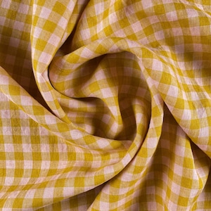 Premium Laundered Linen Gingham Fabric in Wes | Lightweight multicolor check in light pink and mustard yellow