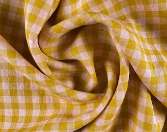 Premium Laundered Linen Gingham Fabric in Wes | Lightweight multicolor check in light pink and mustard yellow