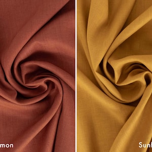 May include: Two swatches of fabric, one in a warm cinnamon color and the other in a golden sunflower hue. The fabric is tightly swirled, showing the texture and drape. The word "Cinnamon" is printed below the first swatch, and "Sunflower" below the second.