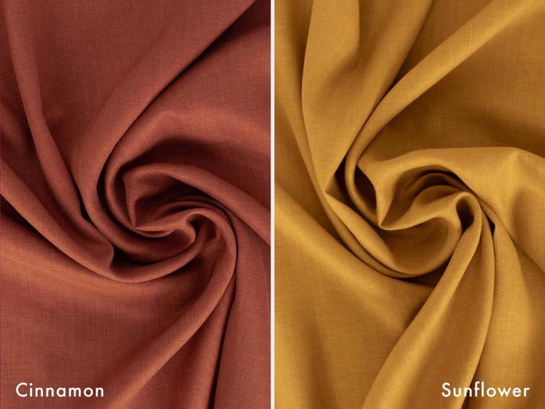 May include: Two swatches of fabric, one in a warm cinnamon color and the other in a golden sunflower hue. The fabric is tightly swirled, showing the texture and drape. The word "Cinnamon" is printed below the first swatch, and "Sunflower" below the second.