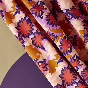 Lightweight Viscose Fabric in Waterlily Maple by Atelier Brunette | Designed in France | Warm abstract floral in beige, ochre, indigo & pink