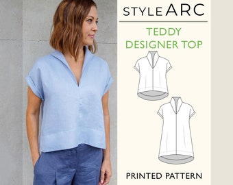 Teddy Designer Top Sewing Pattern by Style Arc, US Sizes 0-26, Luxe cap sleeve blouse with stylish collar & high low hem, plus sizes inc.