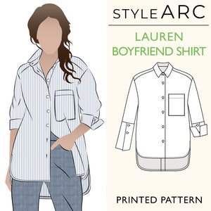 Puede incluir: Una camisa Lauren Boyfriend a rayas blancas y azules, con un bolsillo en el pecho, se muestra en una figura sin rostro. La camisa está abotonada y tiene las mangas enrolladas. También se muestra un dibujo lineal de la camisa. El texto "STYLE ARC" y "PRINTED PATTERN" son visibles.