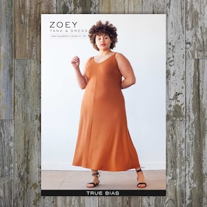 Zoey Tank & Dress Sewing Pattern | Plus Sizes 14-32 |   True Bias | Jersey tank top with v-neck, scoop back, swing skirt