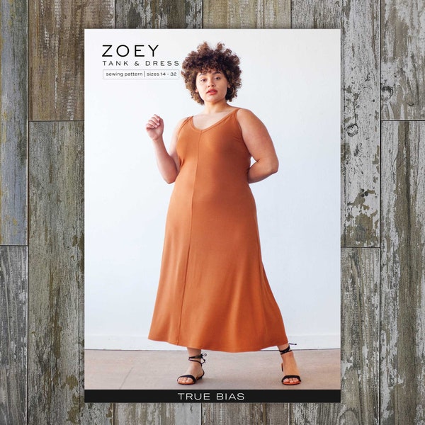 Zoey Tank & Dress Sewing Pattern | Plus Sizes 14-32 |   True Bias | Jersey tank top with v-neck, scoop back, swing skirt