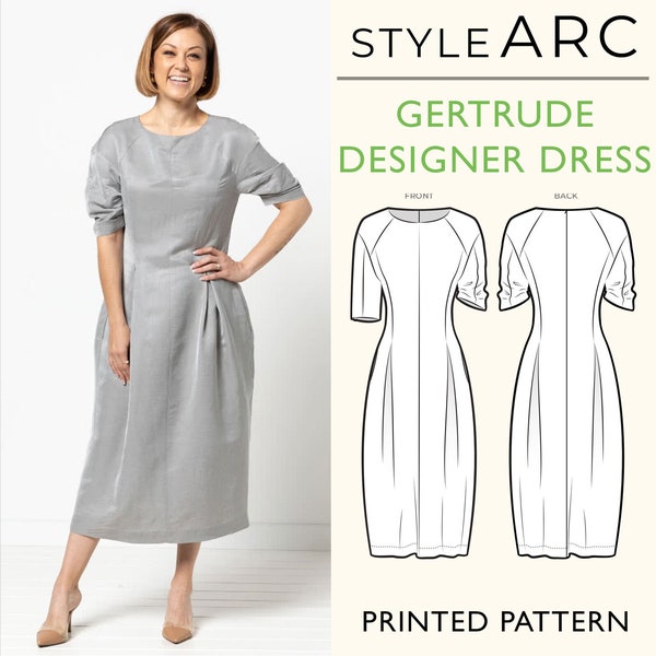 Gertrude Designer Dress Sewing Pattern by Style Arc, US Sizes 0-18, Fitted with princess seams, inverted pleats, & ruched raglan sleeves