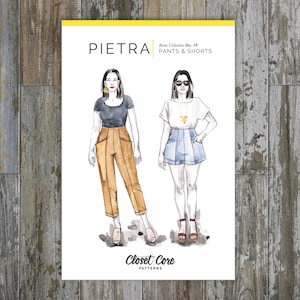 May include: A white paper with the text "PIETRA" and "Rome Collection No. 19 PANTS & SHORTS". The illustration shows two figures wearing pants and shorts. The brand name "Closet Core PATTERNS" is at the bottom.