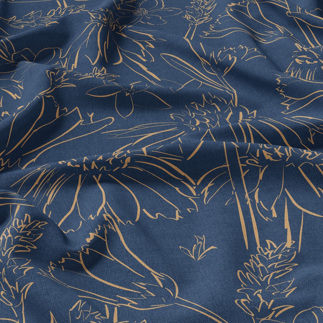 Floral Rayon Fabric Made With Ecofriendly Lenzing Ecovero Navy Blue Twill With Coneflower Print