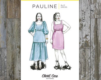 Pauline Dress Sewing Pattern | Sz 0-20 |  Closet Core | Spanish, mermaid style with square neck, statement sleeves, gathered hum ruffle