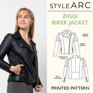 Patron de couture Ziggi Moto Jacket par Style Arc, tailles US 0-26, veste motard avec fermeture éclair en angle, poches et poignets zippés, et empiècements contrastants
