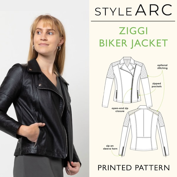 Ziggi Moto Jacket Sewing Pattern by Style Arc, US Sizes 0-26, Biker jacket with angled zipper, zipper pockets & cuffs, and contrast panels