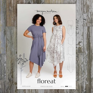 Puede incluir: Un patrón de costura para un vestido y una blusa llamado "floreat" de Megan Nielsen Patterns. El patrón incluye las tallas 0-20 y está clasificado como fácil de coser.