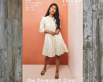 Davenport Dress Sewing Pattern by Friday Pattern Company | Standard to Plus Sizes XS-7X | Ruffle details with a drawstring waist