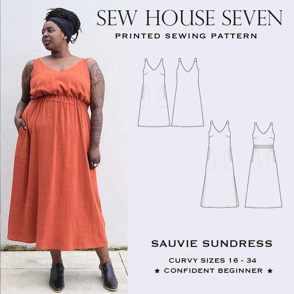 Sauvie Sundress Sewing Pattern| Plus Size 16-34 | Sew House Seven | V-neck sundress with optional gathered waist, peplum and pockets