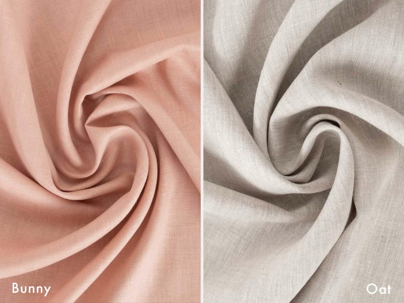 May include: Two swatches of fabric, one in a soft pink labeled "Bunny" and the other in a neutral beige labeled "Oat." The fabrics are artfully draped, showcasing their texture and color variations. Ideal for textiles.