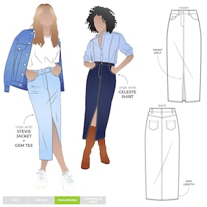 May include: Fashion illustration of two women wearing denim skirts. One is light blue, styled with a jacket and tee. The other is dark blue, paired with a button-down shirt. The image also shows front and back views of the skirt.